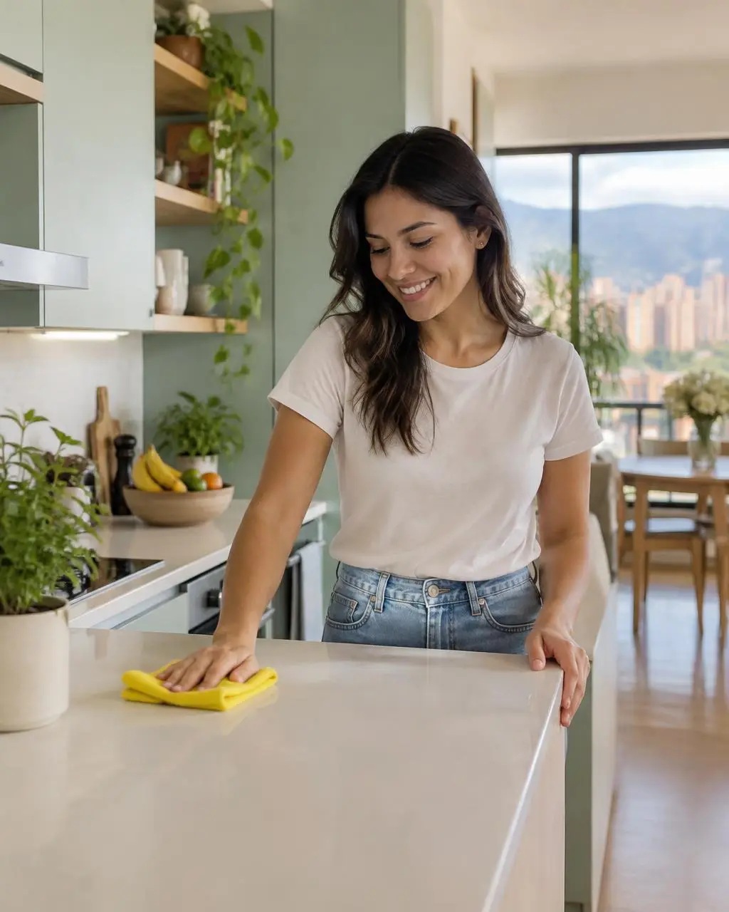Una persona con ropa casual limpia la cocina de un apartamento luminoso en Colombia